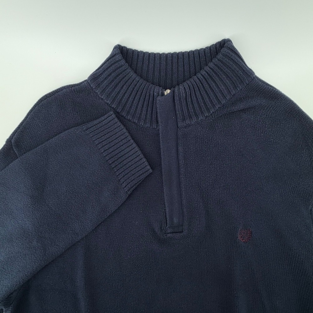 CHAPS Navy Blue Cotton 1/4 Zip‎ Mock Neck Sweater Mens L Chest Logo
